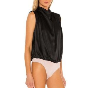 Amanda Uprichard Fabienne Bodysuit Black Silk Sleeveless Shine Tie Back $224 XS